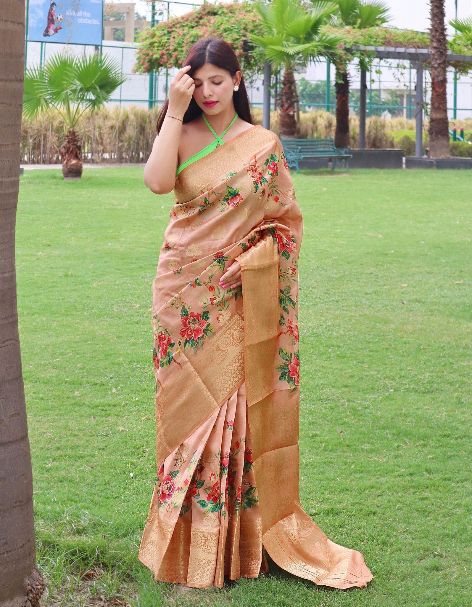 Radha Banarasi Silk Woven Saree with Floral Prints Peach - TASARIKA INDIA
